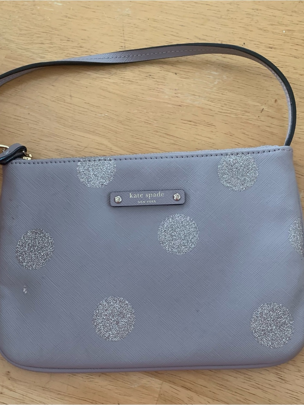 kate spade lavender wristlet with silver glitter dots